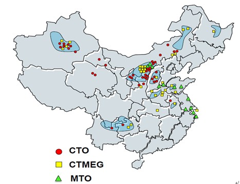 中國大陸興建中與計畫興建的煤化工專案分佈圖