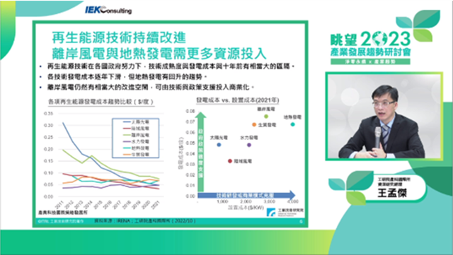 工研院產科國際所王孟傑資深研究經理分享淨零永續風潮下的低碳、再生能源產業新局與挑戰。