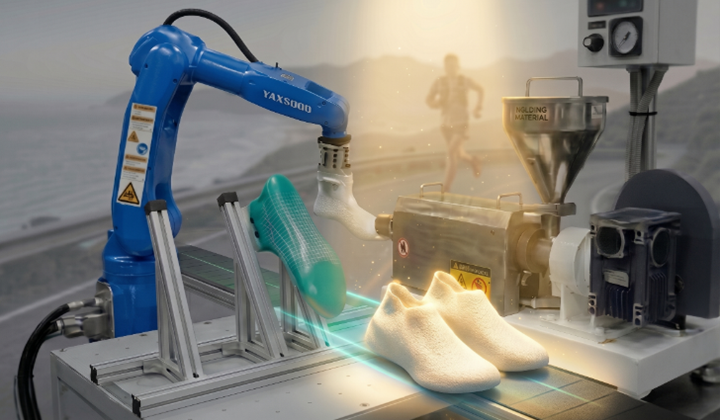 Robotic arm spray-weaving a seamless 3D fiber upper