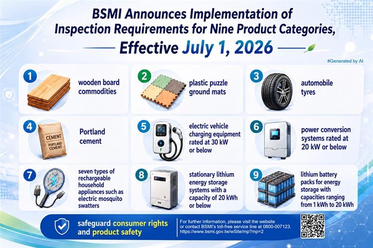 BSMI Announces Implementation of Inspection Requirements for Nine Product Categories, Including Electric Vehicle Charging Equipment, Effective July 1, 2026