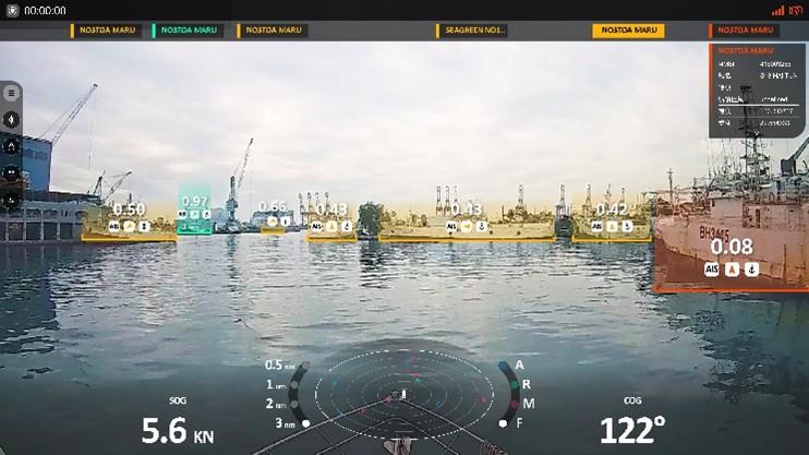 The Artificial Intelligence Navigation Assistance System interface uses AI image recognition to identify vessels and integrates AIS and radar data.