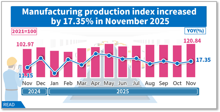 Manufacturing production index increased by 17.35% in November 2025 