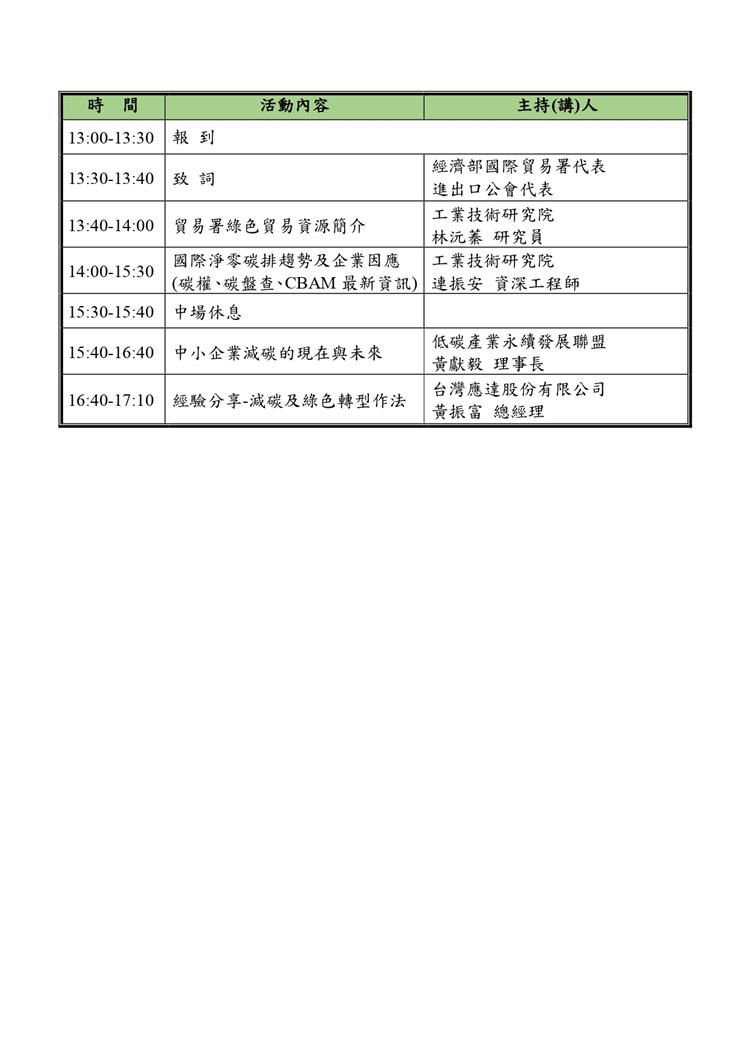 國際淨零碳排趨勢與綠色商機說明會臺中場議程