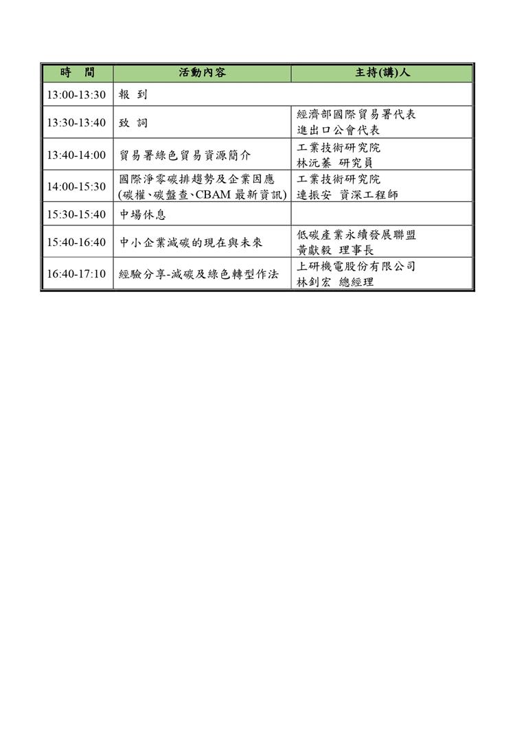 國際淨零碳排趨勢與綠色商機說明會高雄場議程