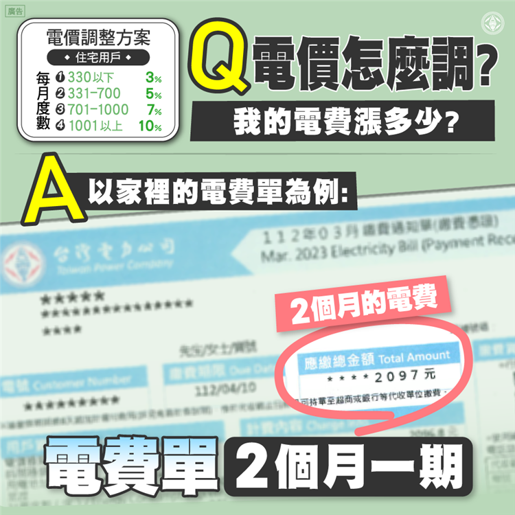 一般住宅用戶收到的電費帳單都是2個月為一期，電費金額要除以2才是每月電費