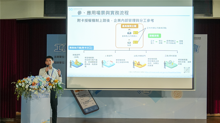 圖說4：工商憑證行動化推廣暨應用展示記者會-商業署資訊室丁珕主任講解行動工商憑證核心價值「附卡授權」