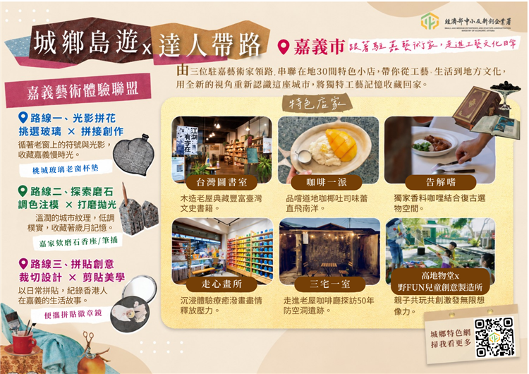 「嘉義藝術體驗聯盟」串聯在地店家與藝文場域，打造多元藝術體驗路線，展現嘉義地方工藝與生活美學特色。