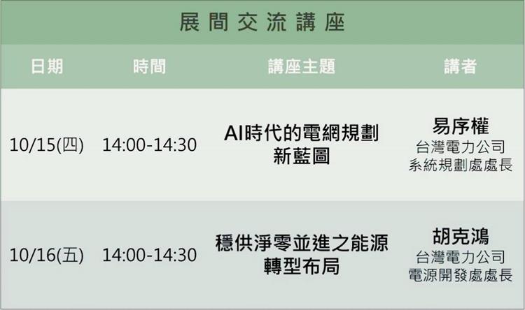 展期間台電更將舉辦交流講座，主題涵蓋電網規劃及淨零能源轉型等。