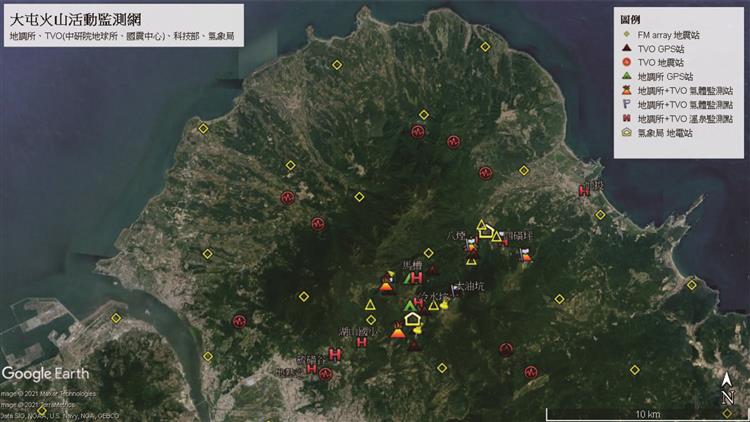 大屯火山監測網，監測單位包括地調所、中研院、國震中心、氣象局、科技部等。