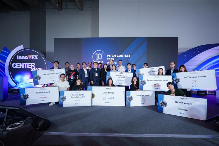 開啟彈跳視窗，連結到InnoVEX 2025新創競賽共有9項大獎，得獎團隊與評審合影，TREE計畫新創團隊共得到５個獎項(jpg檔)