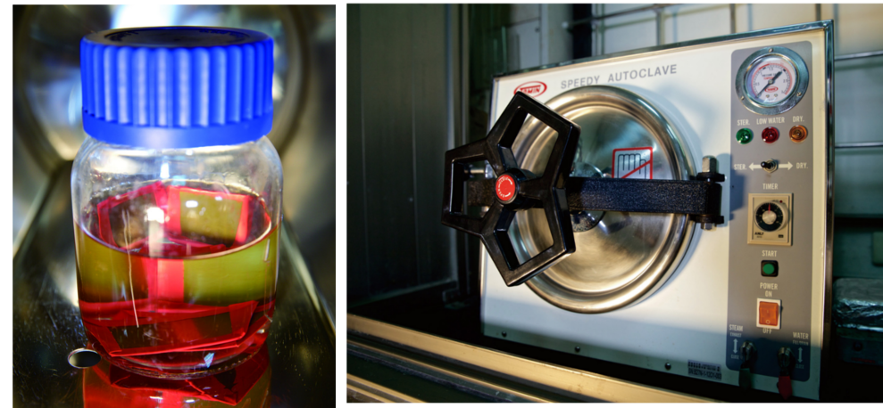 罐內漆也要通過所有食品檢測最重要的「滅菌」程序，將試片放進模擬液裡，送進高溫蒸煮設備，藉此測試漆膜是否會脫落。