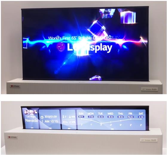 圖3 LG Roll-up OLED TV完整65”展開及文字模式展示