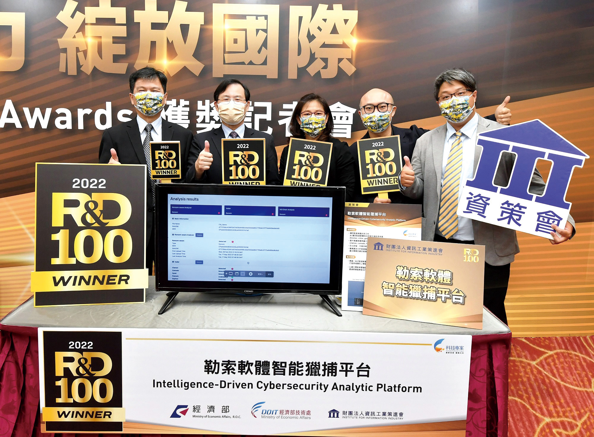 經濟部技術司支持資策會開發的「勒索軟體智能獵捕平台」，2022年獲全球百大科技研發獎(R&D 100 Awards)肯定。