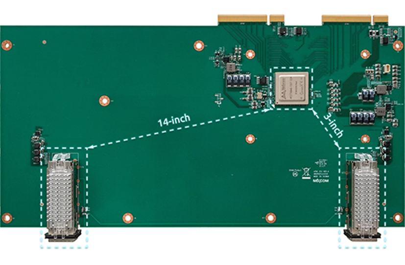 圖4 A+團隊開發之100G網路卡，採用的創新技術可將25Gbs高速訊號走線達14英吋長 (如圖左側)，現有技術僅達3英吋長(如圖右側)