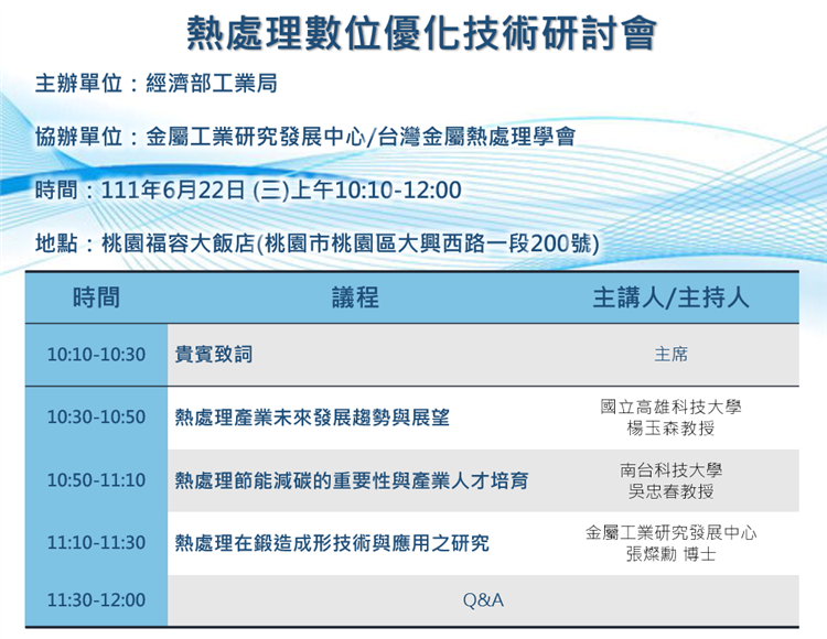 111年6月22日熱處理數位優化技術研討會議程