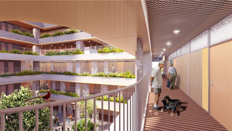 台糖為照顧高齡者居住需求，率先於臺南市興建崇賢銀髮住宅，此為裙樓半戶外走廊模擬圖。