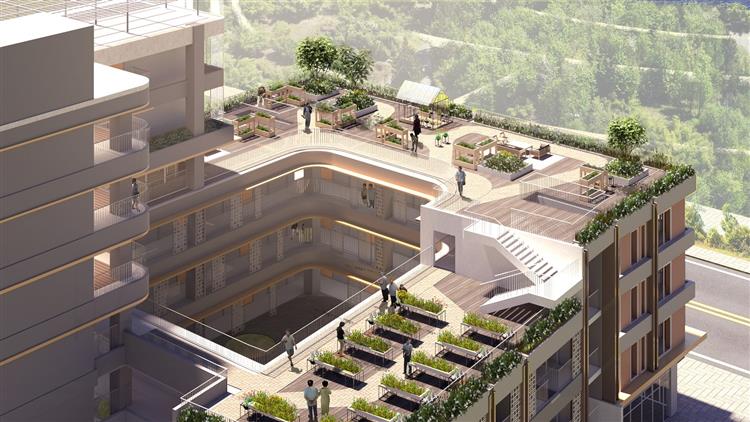 台糖為照顧高齡者的居住需求，率先於臺南市興建崇賢銀髮住宅，此為空中農園模擬圖。