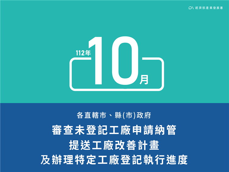 112年10月份各直轄市、縣(市)政府審查未登記工廠申請納管、提送工廠改善計畫及辦理特定工廠登記執行進度