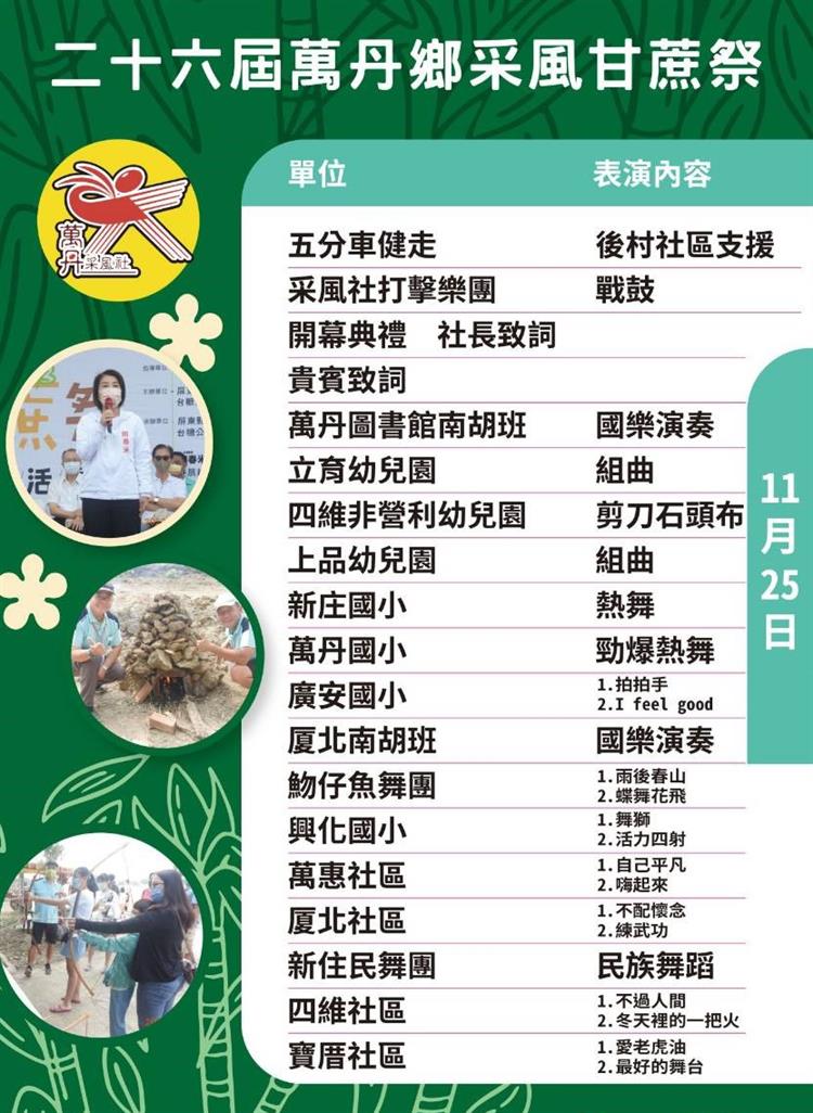 第26屆萬丹甘蔗祭文化活動第一天(11月25日)舞台表演內容。