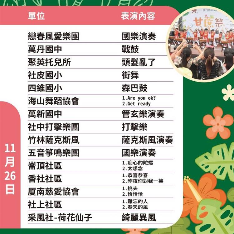 第26屆萬丹甘蔗祭文化活動第二天(11月26日)舞台表演內容。