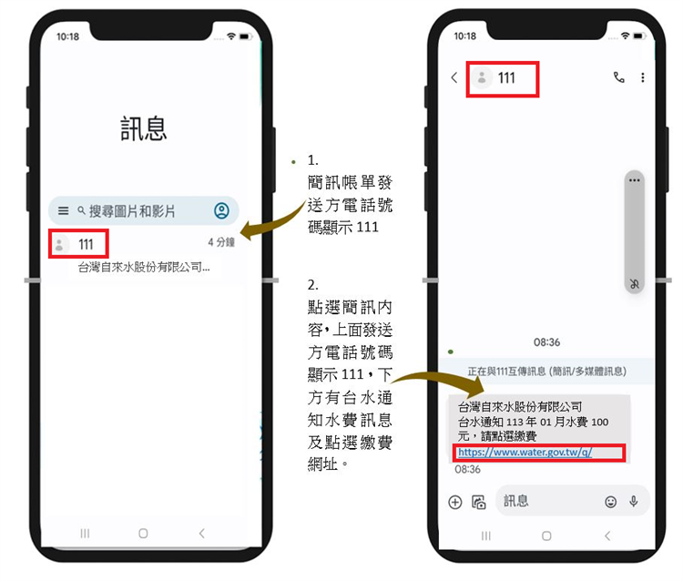 響應政府打詐 台水加入111政府專屬短碼簡訊平台-111簡訊示意圖