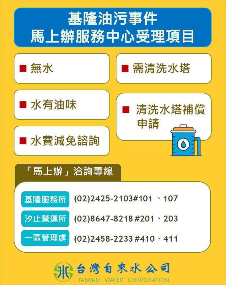 台水已成立「馬上辦服務中心」_基隆油污事件馬上辦服務中心受理項目