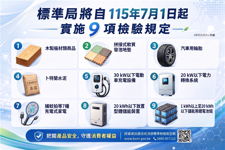 1150626標準局新聞稿【主圖】標準局自115年7月1日起將實施「電動車充電設備」等9項檢驗規定