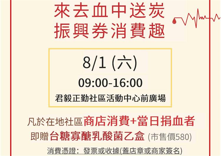 台糖高雄分公司將於8月1日舉辦「來去血中送炭，振興券消費趣！」捐血活動，並以在地消費發票兌換好禮的方式，促進當地經濟消費活動。