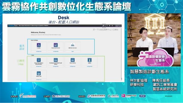 研華iFactory引領智慧製造轉型構築工業雲大平台，研華科技與資策會共同合作製造設備診斷生態系，介紹融合雲邊端加速孕育IIoT應用與AI微服務市集