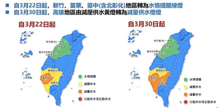 3月22日起，新竹、苗栗、臺中（含北彰化）地區轉為水情提醒綠燈；3月30日起，高雄地區由減壓供水黃燈轉為減量供水橙燈