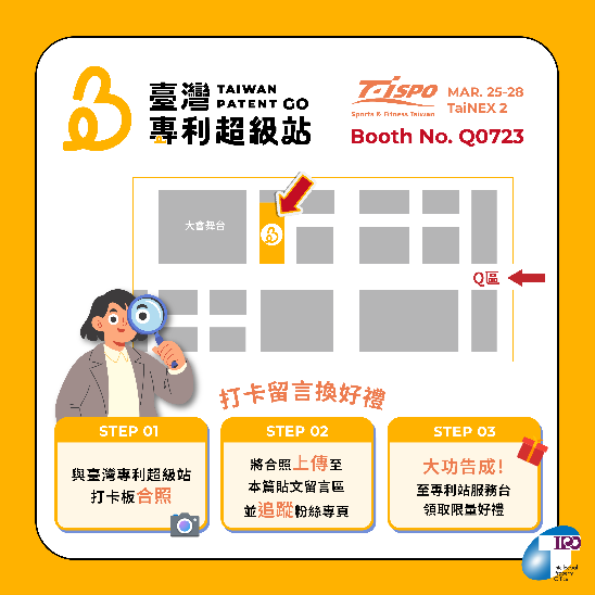 2.展場最熱門打卡點就在「臺灣專利超級站」，不要錯過打卡按讚送好禮，步驟簡單輕鬆拿！